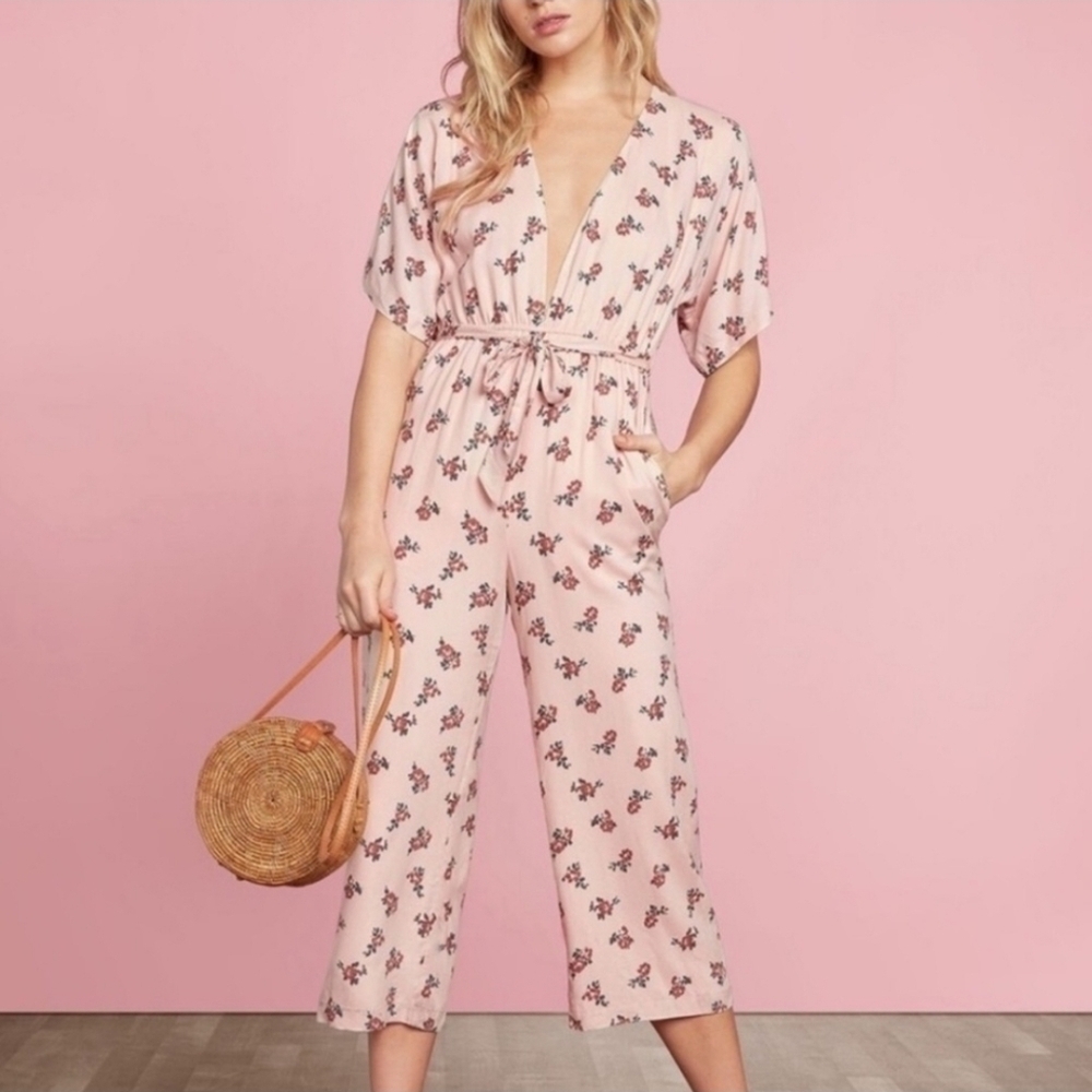 Anthropologie Willow & Clay Pink Floral Deep V-neck Jumpsuit